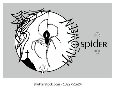 spider, crosses and web on the background of the moon