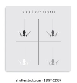 Spider dangling from the web flat black and white vector icon.