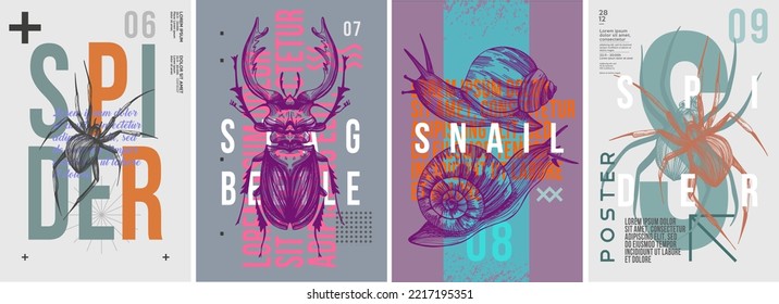 Spider, deer beetle, snails. Set of vector posters . Typography. Vintage pencil sketch. Engraving style. Labels, cover, t-shirt print, painting.