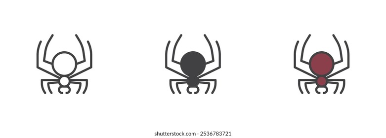 Spider different style icon set. Line, glyph and filled outline colorful version, outline and filled vector sign. Spider symbol, logo illustration. Vector graphics