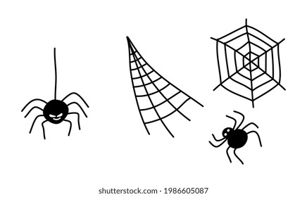 Spider, a doodle style spider web. Vector illustration silhouette isolated on white background.