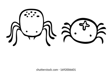 Spider drawn by a line. Set of small, thick, simple spiders in a doodle style. Print for children's coloring, print for clothes, t-shirts, cups, postcard. Coloring. Vector. Line insect.
