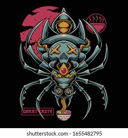 Spider eat ramen noodles with red moon on the background. Ancient spider illustration. Japanese art for t-shirt design, stickers, or poster