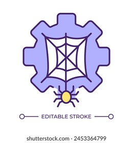 Spider entangle gear RGB color icon. Industrial processes, slowed performance. Manufacturing system, organizational issues. Isolated vector illustration. Simple filled line drawing. Editable stroke