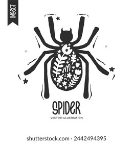 Spider with floral ornament. Abstract vector illustration. Monochrome. Scandinavian style insect with flowers and vegetation. Folk ornaments. For packaging design, background, banner.