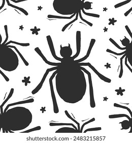 Spider with flowers, stars. Vector illustration. Monochrome seamless pattern. Ornament from a spot of a predatory insect for background, packaging, textile, wallpaper, Halloween