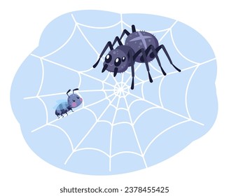 Araña con mosca en la web. Bastantes insectos divertidos. Bicho o escarabajo feliz en la telaraña arácnida negra, criatura peligrosa, decoración de halloween, caricatura de vida silvestre estilo plano concepto vector aislado