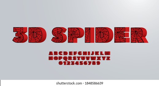 Spider font, 3D alphabet. Black letters on Red background.