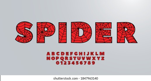 Spider font alphabet. Black letters on Red background.