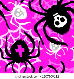 Spider funky seamless rough grunge pattern, modern design template. Hipster trendy painted style texture, poster with different doodle elements.Urban bright youth textiles sample