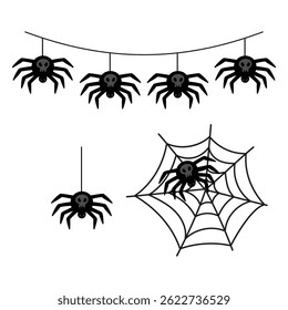 spider garland, scary spider and cobweb, dark spider with spider web flat isolated illustration