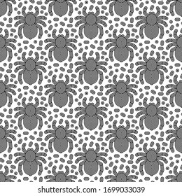 Patrón vectorial negro de dibujo geométrico de araña sobre fondo blanco.