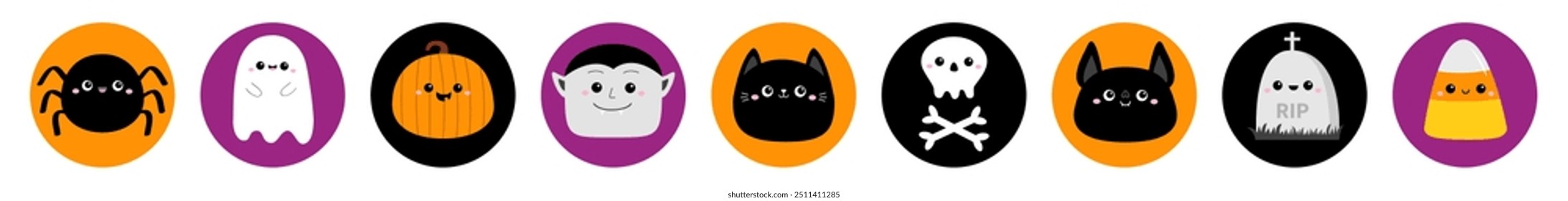 Spider, ghost spirit, pumpkin, bat, candy corn, gravestone, cat, Dracula, skull bone. Happy Halloween round icon set. Cute cartoon kawaii funny baby character. Flat design. White background. Vector