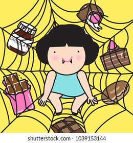 Spider Girls Building Multiple Webs Around So That She Can Increase Her Chances Of Successfully Getting Enough Chocolate TreatsTo Eat. Concept Of Obese Eating Behavior Card Character illustration