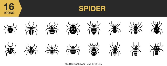 Spider Glyph icon set. Includes Spider icons and More. Solid icons vector collection.