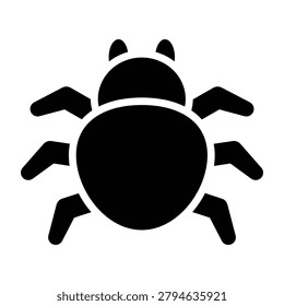 Spider glyph style symbol featuring a simplified arachnid silhouette in solid black. Suitable for wildlife, nature, biodiversity, education, and seasonal themed designs on isolated background.