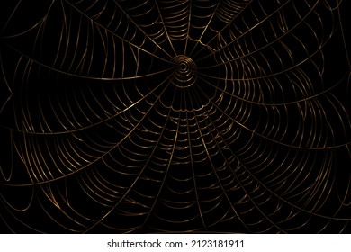 Spider gold web on black background. Scary cobweb glitter decor. Vector design elements for Halloween, horror, ghost or monster party, invitation and posters.