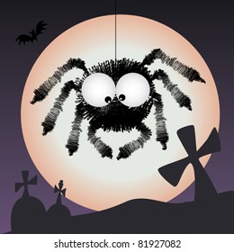 Spider in the graveyard - scary halloween vector illustration with full moon in the background