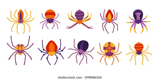 Spider Halloween cartoon set. Spooky scary spiders dangerous tarantula color flat collection. Creepy decoration for horror design. Party Halloween venomous spider or dangerous arachnid. Vector