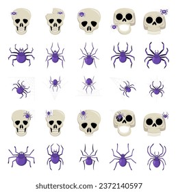 Juego de dibujos animados Spider Halloween. Espeluznantes arañas peligrosas color tarántula colecta plana. Decoración escalofriante para el diseño de horror. Araña venenosa de fiesta de Halloween o arácnido peligroso. Vector