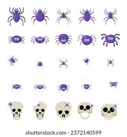 Juego de dibujos animados Spider Halloween. Espeluznantes arañas peligrosas color tarántula colecta plana. Decoración escalofriante para el diseño de horror. Araña venenosa de fiesta de Halloween o arácnido peligroso. Vector