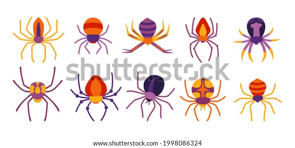 Spider Halloween cartoon set. Spooky scary spiders\
dangerous tarantula color flat collection. Creepy decoration for\
horror design. Party Halloween venomous spider or dangerous\
arachnid. Vector