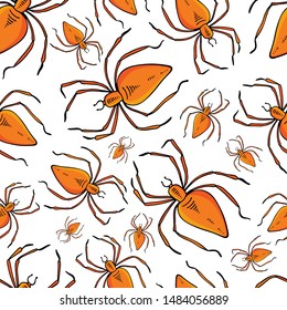 Spider Halloween seamless pattern. Halloween background. Textiles or wrapping paper. Vector background with insects. Hand-drawn. For design, textiles, fabric, decoration of any surface.