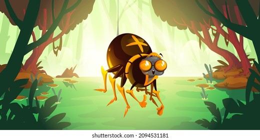 Spider hang on web on forest swamp background. Funny character smile, show thumb up at scenery landscape. Personage of comic, book or game, arthropod insect in nature, Cartoon vector illustration