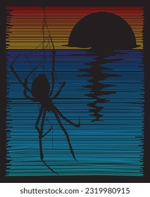 Araña colgando en la mañana al amanecer, este diseño de ilustración vectorial bueno para todos los que aman la playa aman la araña. Araña en silueta. 