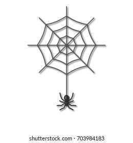 A spider hanging on a cobweb on a white background. The icon. Design for banner, poster for Halloween.