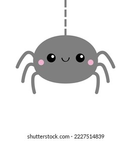 Spider hanging on dash line web. Insect icon. Happy Halloween. Funny insect. Cute cartoon kawaii baby character. Long paws. Greeting card. Flat design. White background. Isolated. Vector illustration