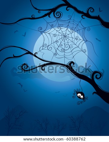 Spider hanging on tree on Halloween night.  Blank space below for design and text.