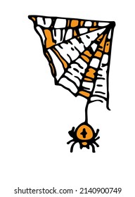 the spider is hanging on a triangular web of orange color. a spider drawing with a cross on the belly and a spider web texture in the corner, hand-drawn with a black isolated line and orange 
