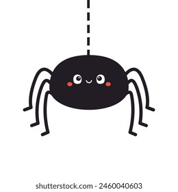 Spider hanging on web. Black insect icon. Cute cartoon kawaii funny baby character. Happy Halloween. Card Sticker greeting card print. Childish style. Flat design. White background. Isolated Vector