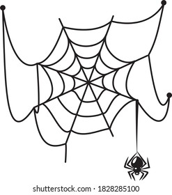 Spider hanging on the web cartoon Halloween symbol flat illustration isolated on white background. Halloween spider hanging on cobweb decoration element for party celebration.