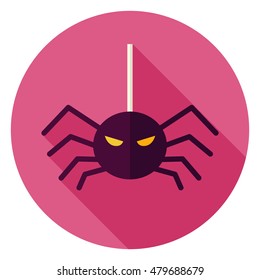 Spider Hanging on Web Icon. Flat Design Vector Illustration with Long Shadow. Scary Insect Symbol.