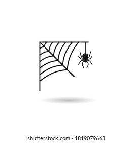 Spider hanging on spider web.  Spider web isolated on white background. Spider web icon. Vector illustration.