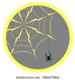 Spider hanging on spider web and sun, silhouette icon eps10 vector illustration.