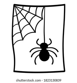 Spider hanging on a web, vector doodle coloring page for Halloween