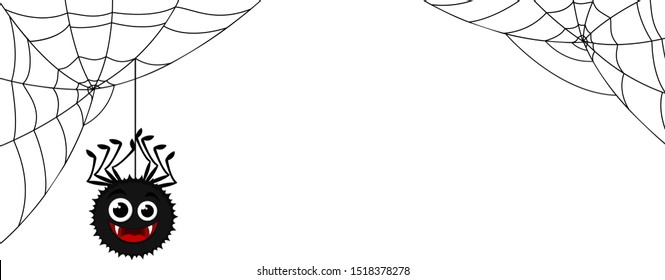 Spider hanging on web on a white, place for text.