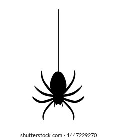 Spider hanging on spider webs thread black silhouette. Vector illustration
isolated on white background.