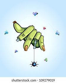 Spider hanging on zombie hand without some fingers. Vector illustration