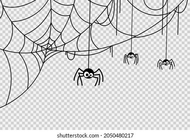 Spider hanging from spiderwebs isolated png or transparent texture, Halloween party background,blank space for text,element template for poster,brochures, online advertising,vector illustration 