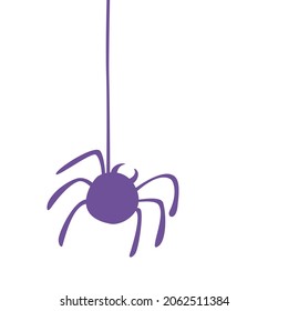 The spider hangs on its web. Purple spider icon. Halloween concept. Vector illustration isolated on white background. Design element. Simple flat image. Hand-drawn art. Vector illustration.