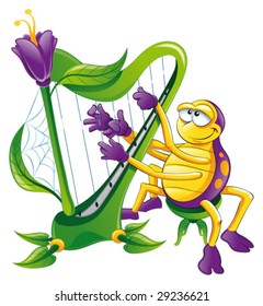 Spider with harp. Funny cartoon and vector character, isolated object