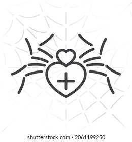 Spider with Heart Shape Cephalothorax and Abdomen Single Line Style Icon as Halloween Holidays Decoration Template - Black on Web Background - Vector Flat Graphic Design