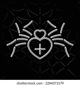Spider with Heart Shape Cephalothorax and Abdomen Inverted Line Style Icon as Halloween Holidays Decoration Template - White on Black Web Background - Vector Flat Graphic Design