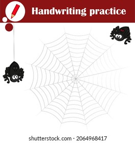 Spider and his web. Tracing lines. Handwriting practice for kids. Educational game for children. Cartoon vector illustration
