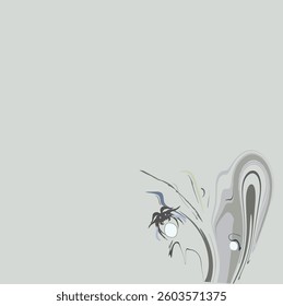 The spider holds an egg in two paws. There is grass around it. Pastel colors.
