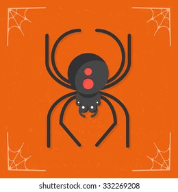 Spider icon. Creepy black bug icon. Cute cartoon insect logo. Halloween illustration isolated on stylized orange background. Vector illustration